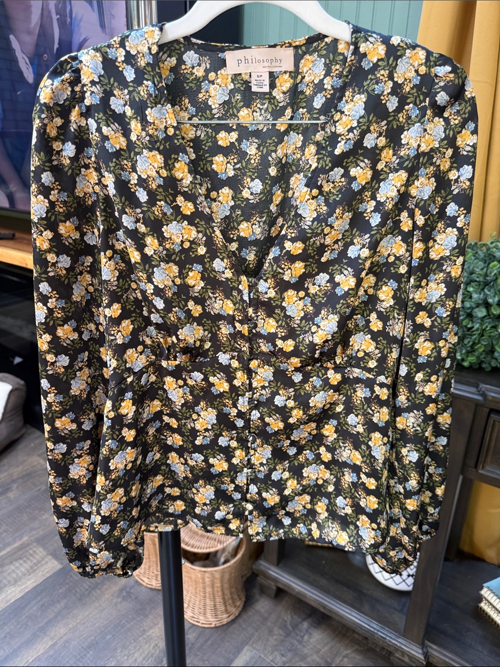 Philosophy Black Floral V-Neck Blouse with Yellow and Light Blue Flowers